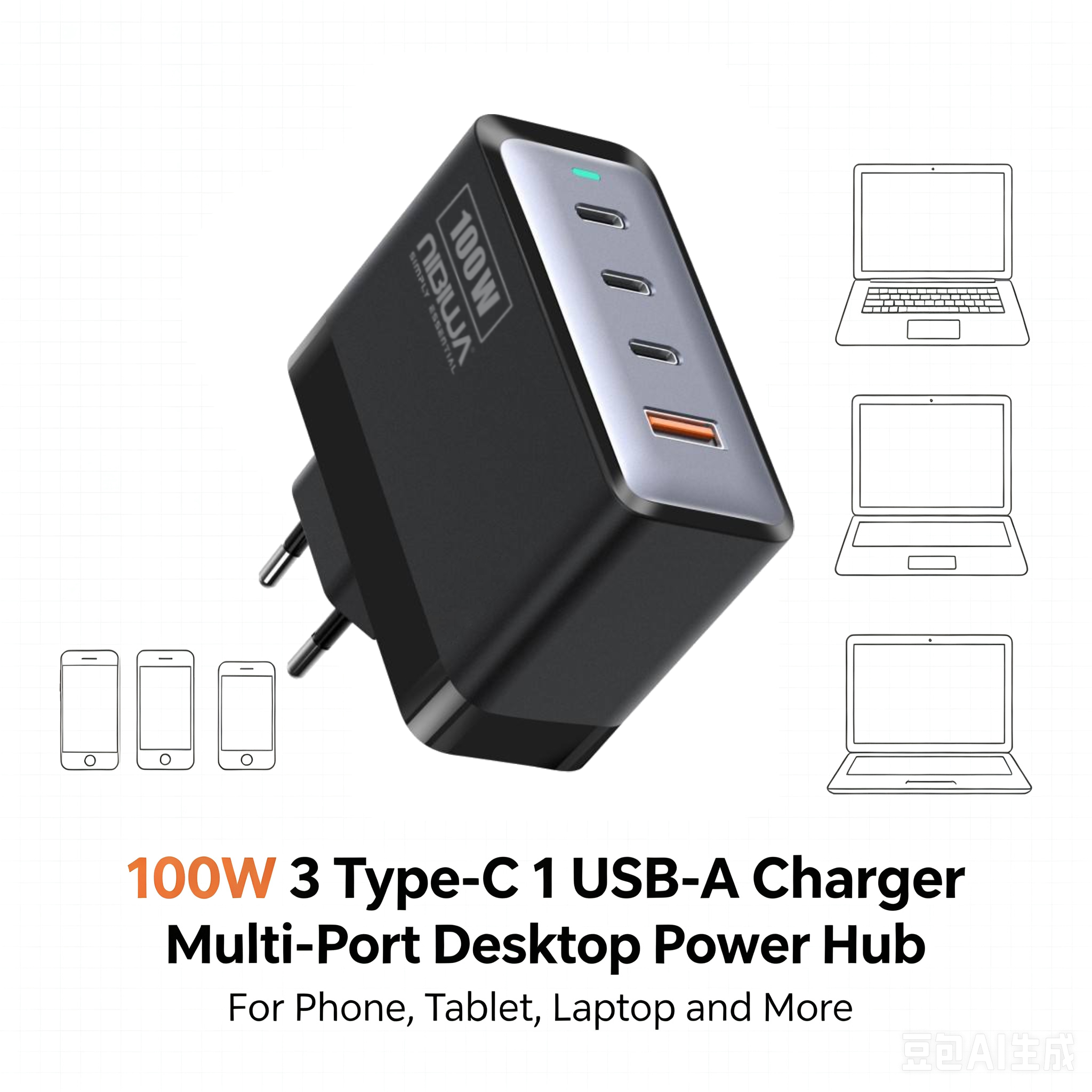 Carregador GaN Nibiwa 100 W, 4 portas, preto - Imagem 4