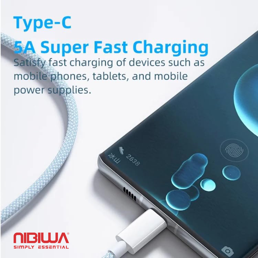 Cabo USB-C Nibiwa USB 3.2, 60 W, 2 m, branco trançado - Imagem 2