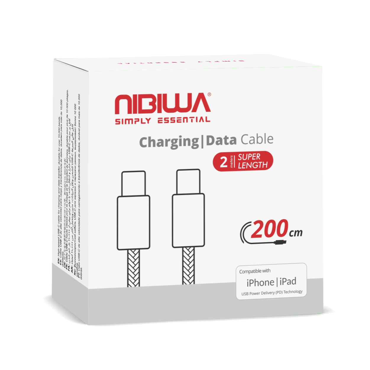 Cabo USB-C Nibiwa USB 3.2, 60 W, 2 m, branco trançado - Imagem 4