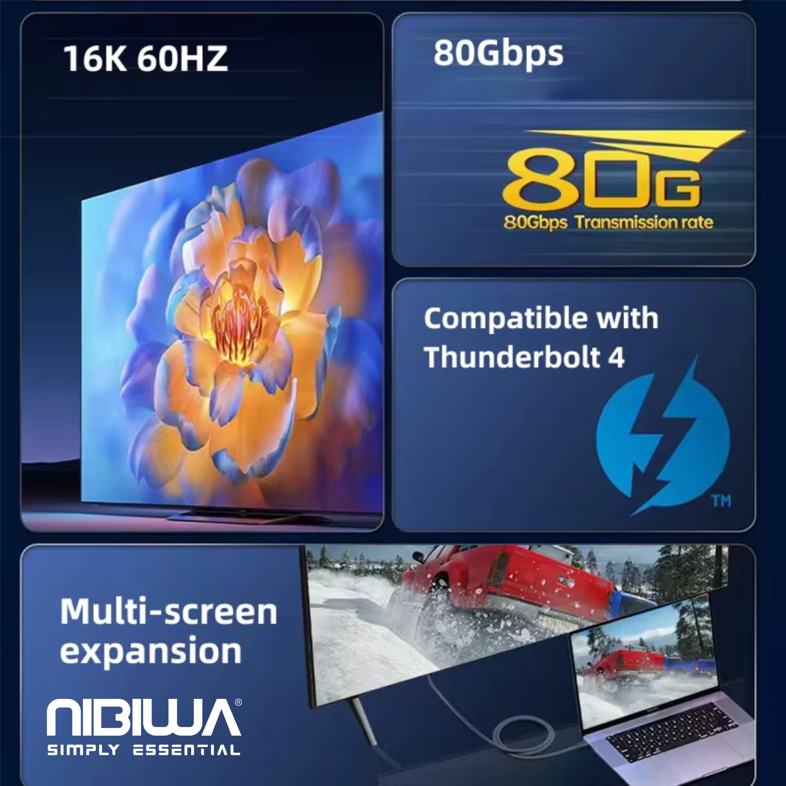 Cabo USB-C Nibiwa USB4 Thunderbolt 5, 80 Gbps, 1 m, cinza - Imagem 6